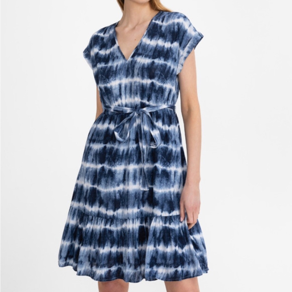 GAP Blue Tie-Dye Midi Dress Size L With Lease Belt Casual Chic Summer Style